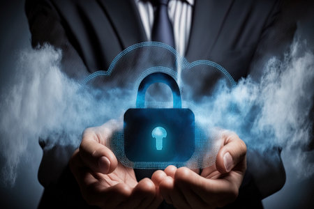 Businessperson withholding cloud computing data and global networking security Technology of business cybersecurity and data or network protection represented by a padlock and a cloud website projectの素材