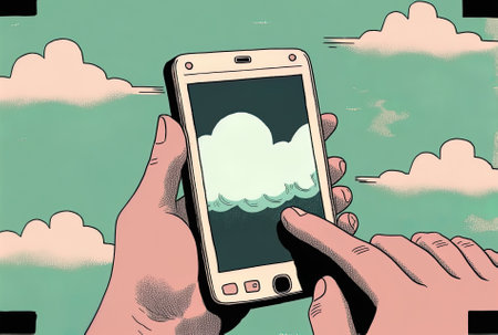 Close up hand touching a phone on a mobile device with a blank black screen while outside in a fuzzy natural setting. images with a retro aestheticの素材