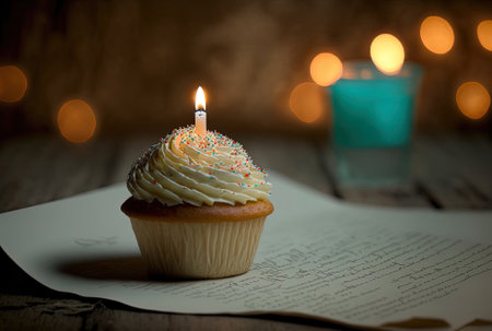 Birthday or other holiday cupcake with cream and a lit candle along with a shopping list against a backdrop of color with bokeh lightsの素材