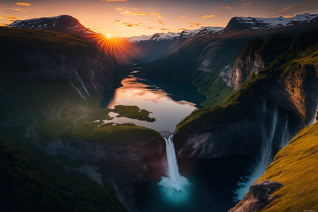 Beautiful summer sunset over the Sunnylvsfjorden fjord canyon in the western Norwegian hamlet of Geiranger. Aerial image of the renowned Seven Sisters waterfalls in the twilight. Background of the natの素材