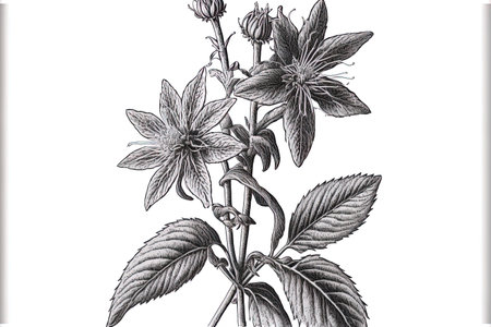 Borage is a simple to cultivate annual plant. Similar to a starflower flowers have five petals. Vintage line drawing or engraving image in a single styleの素材