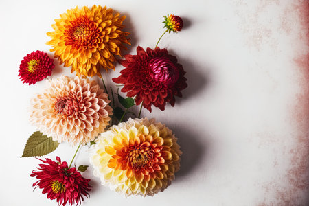 Bouquet of autumn dahlias flowers on a white table Background of a wall table copy space and anime styleの素材