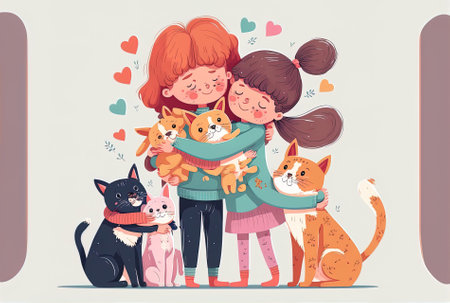 Children Hug Pets Boys and Girls Kids Characters Hold Adorable Puppies and Kittens in their Hands and Children Hug Dogs and Cats. Concept of Love and Tenderness towards Animals. People Cartoon Vectoの素材