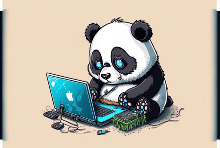 Cute panda working on a laptop in a cartoon image. quality illustration of an animal technology emblem. flat cartoon styleの素材
