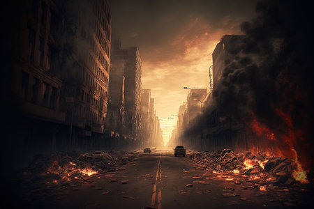 Burned out city street with no one on it flames on the ground and distant explosions of smoke. Apocalyptic perspective of the city center as a design for a catastrophe movie poster. evening scene Waの素材
