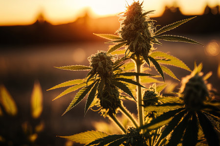 Huge buds on hemp plants that will shortly be harvested to make CBD oil. Golden light shining on a field of cannabis plants. cultivation of hemp for commerce. not cannabis. notion of natural healthの素材