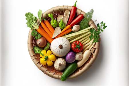 Basket of vegetables isolated on a white backdrop. Creative arrangement of cabbage celery potato pepper onion carrot garlic lemon tomato and herbs. notion of healthy eating. top perspective aの素材