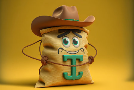 Dollar sign figure mascot with rechargeable battery and tied rustic canvas linen money sack or money bag on a yellow backdropの素材