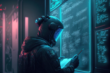 A confident cyber security officer bypassing the firewall defense system to access administrator rights. Code is written by a cybernetics engineer to protect mainframe database storageの素材