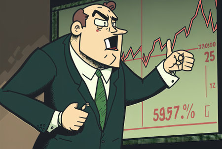 Close up of a brokerage business employee pointing to the market trend and real time profit increase on the display. Hedge fund agency trader highlighting a bullish market trend on stageの素材