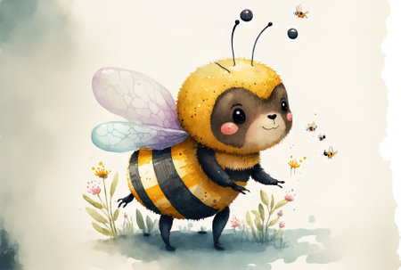 Cartoons that are cute lovely humorous and depict cheerful animals in watercolor Animal mascot attractive bee comical figure bumble bee cartoon Baby animals cute animals cute characters beeの素材
