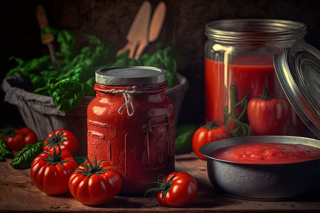 Close up of homemade tomato paste that has been canned and pickled tomatoes that have been preserved without the use of plastic containers on a rustic table in the pantryの素材