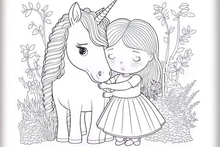 Cute princess gives a unicorn a hug. Coloring sheet with a colorful template for kids. Illustration of a cartoon in format. To print play decorate educate puzzle and create coloring booksの素材