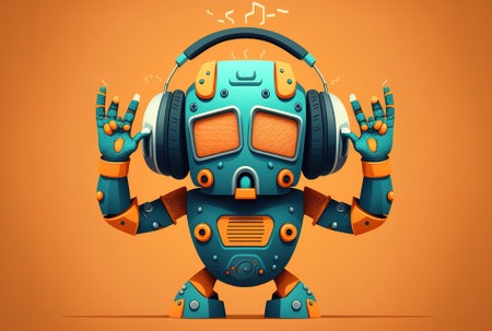 Business flat cartoon style robot covering ears with fingers and displaying annoyance at loud music or sound robot graphic design image of artificial intelligenceの素材
