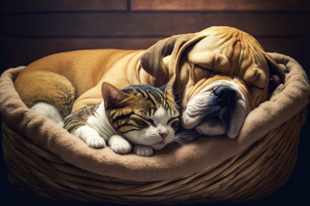 Dog and cat sharing a bed. napping kitten and puppy. family pets care for animals adoration and friendship pets kept in homesの素材