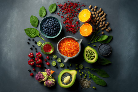Healthy food clean eating selection fruit vegetable seeds superfood cereal leaf vegetable on gray concrete backgroundの素材