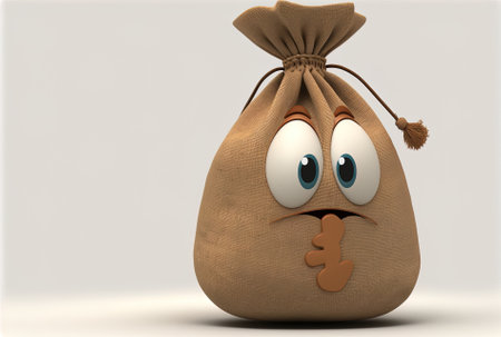 Character mascot of a brown chicken egg with a dollar symbol on a white backdrop holding a knotted rustic canvas money bagの素材