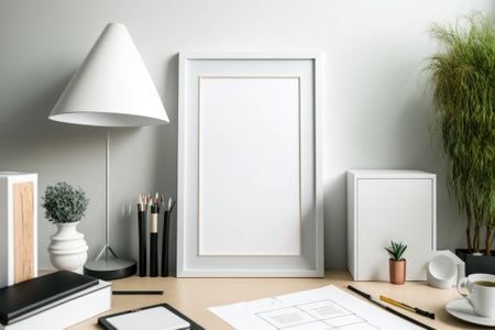 Stylish desk with mock-up frame and stationery in living room cropped. Interior design composition of a dwellingの素材