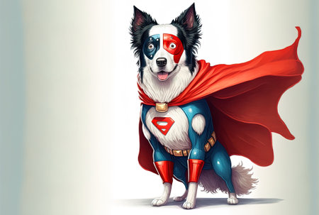 Funny illustration of a border collie dressed as a superhero on a white backdrop. a dog dressed as a super hero with a red cape and mask during a carnival or Halloween. justice as a strengthening prinの素材