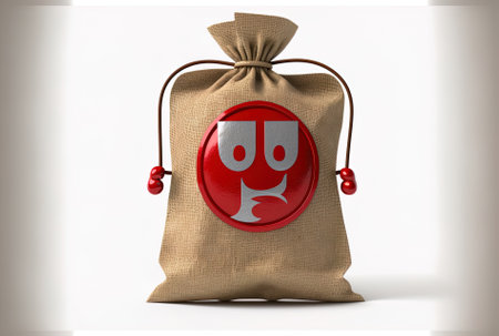 Dollar sign on a white backdrop knotted rustic canvas linen money sack or money bag and red metal shield figure mascotの素材