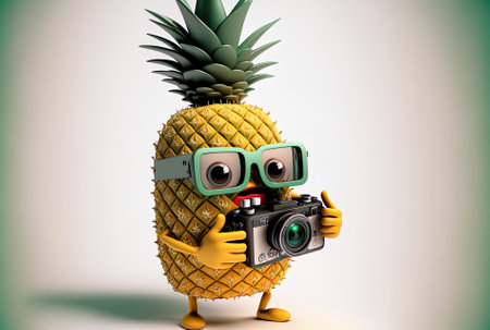Fun cartoon figure mascot of the pineapple person in hipster manner holding a contemporary digital camera on a white backdrop.の素材