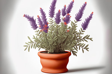 Lovely clay red potted lavender plant with a stylised purple leaf. Fresh violet and lavender flower bouquet. Lavender plant in bloom for aromatherapy. scented wildflower a plant arrangementの素材