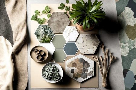 Interior designer moodboard in a creative flat lay composition with panels cement tiles textile and paint samples. Green grey and beige are the colors used. Copy space Templateの素材