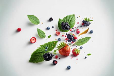 Fresh berries floating alone in the air. Fruits and leaves of the mint plant including blackberries raspberries blueberries and strawberries are falling over a white backgroundの素材