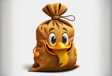 On a white backdrop a sweet yellow cartoon duck character mascot holds a knotted rustic canvas money bag or money bag with a dollar signの素材