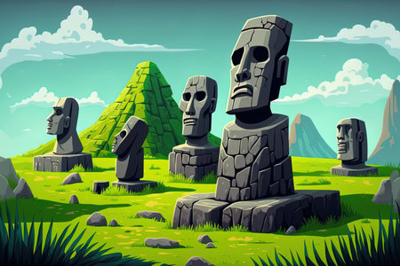 Easter Island is home to moai monuments and old Mayan structures. South American sites Chichen Itza and Kukulkan temples and stone sculpture in a cartoon environment on a field of green grassの素材