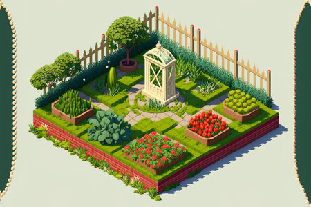 Isometric vegetable patch Vegetables in the formal backyard garden. Garden produce is thriving. environmental gardeningの素材