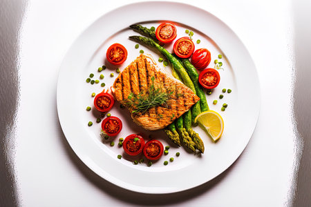 Grilled salmon steak on a white platter with asparagus and cherry tomatoes isolated on a white backdrop. a top viewの素材