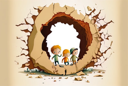 Children peer through a hole in ripped paper. comical cartoon figure Image in format. on a white background aloneの素材