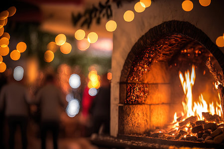 Fireplace with blurred bokeh christmas lights at traditional christmas market (Christkindlmarkt) at Meran (Merano South Tyrol Italy)の素材