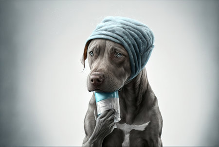 Isolated on a gray backdrop a sick dog holding an ice bag and wearing a blue bandage or elastic band on its headの素材