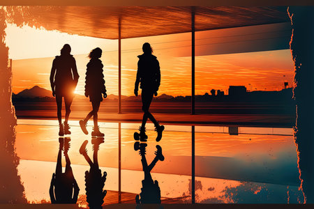 Friends roller skating and admiring the horizon view with an orange or red sky freedom landscape the splendor of nature and friendship as the sun sets in the silhouetteの素材