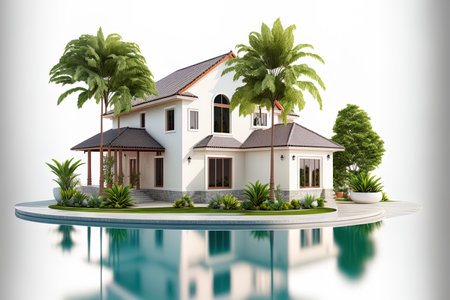Isolated luxury home with pool in real estate selling or investment idea on blank white backdrop. new house purchase for large family. exterior of a residential structure as an exampleの素材