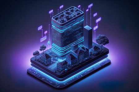Intelligent building or smart city isometric idea. On the screen of a smartphone with Internet of Things there is a digital hologram of a smart city. Building with polygonal wireframes.の素材