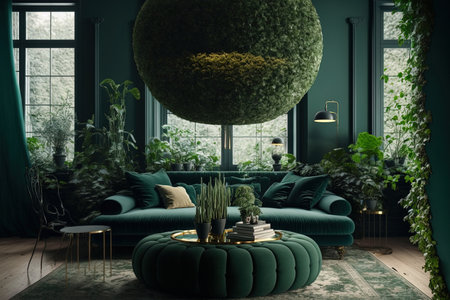 In a green natural living room with plants and a pouf on the carpet there is a lamp over the tables. real pictureの素材