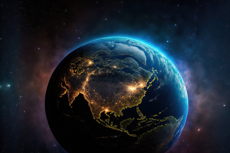 Nightly Earth planet in outer space. City lights on planet. Life of people. Solar system element. Elements of this image furnished by NASAの素材