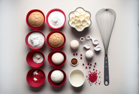 Ingredients for making cupcakes on a background of white concrete. muffin tins flour eggs cane sugar a red whisk milk and spices in measuring spoons. room to duplicate the top view.の素材