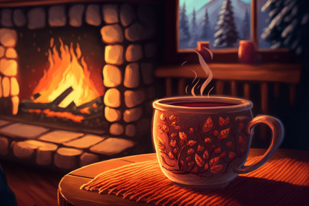 Cup of hot drink in front of warm fireplace. Holiday Christmas concept. Mug in red knitted mitten standing near fireside. Cozy relaxed magical atmosphere in a chaletの素材