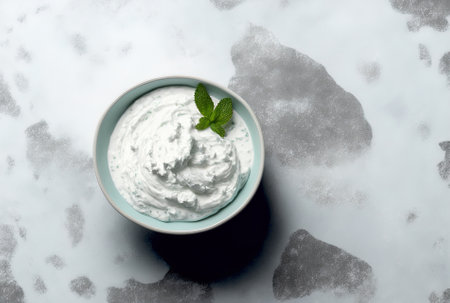 Greek yogurt sauce known as tzatziki is shown in a bowl against a backdrop made of white slate stone or concrete. copy space on the top viewの素材