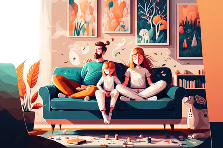 Happy parents with a little preschool girl kid rest on the sofa and meditate to reduce stress on a weekend at home while a calm young family does yoga togetherの素材