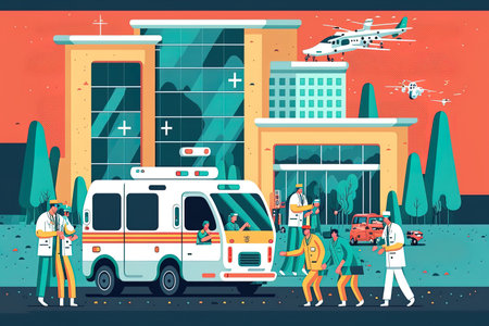Doctors are gathered at the hospital facility. In the backdrop an ambulance and medical staff are visible. Medical personnel medicine employment and profession idea illustrationの素材