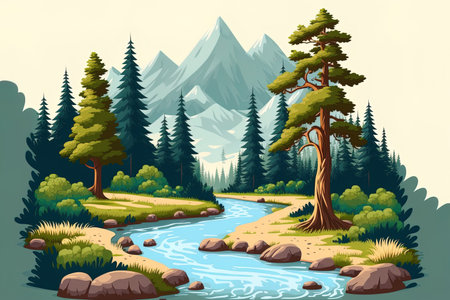 Mountainous setting with a creek and woodland. Summertime cartoon with coniferous forests a creek rocks and the sun in a clear skyの素材