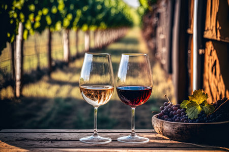 In the winery red and white wines are being tasted. There are full wine glasses next to a window with a beautiful vineyard in the backdropの素材