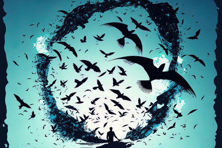 Kite surfing. Sky filled with several kite silhouettes. vacations in the great outdoors. beautiful artworkの素材