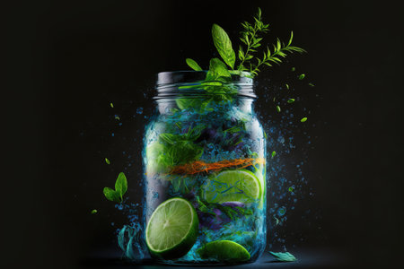 On a dark blue background a fresh mojito cocktail with lime rosemary mint and ice is shown in a jar glass. Drink in freeze motion in a studio image as liquid drips splatter. Cocktails and cool bevの素材