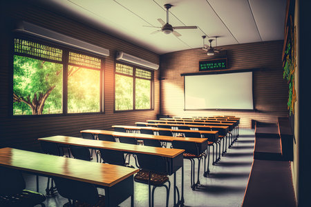 Lecture room or School empty classroom with desks and chair iron wood for studying lessons in high school thailand interior of secondary education with whiteboard vintage tone educational conceptの素材